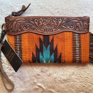 NWT American Darling Aztec Hand Woven Saddle Blanket & Tooled Leather Clutch.